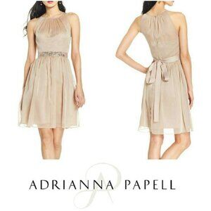Adrianna Papell Beige Chiffon Halter Cocktail Dress